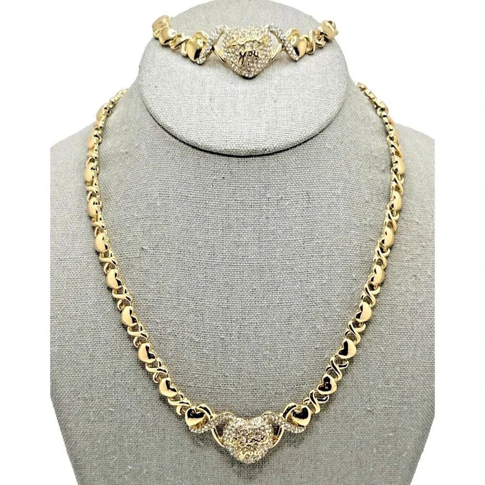 Gold Tone Rhinestone Heart Necklace Bracelet Set I Love You Pave Statement